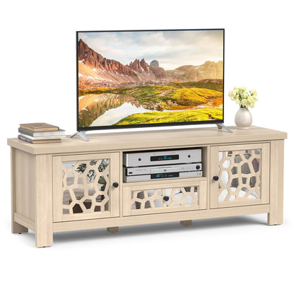 Retro TV Stand with Mirrored Doors and Storage Drawer for TVs up to 60 Inches – Natural