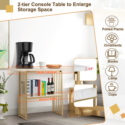 2-Tier 48 Inch Console Table with Gold Frame and Faux Marble Shelves