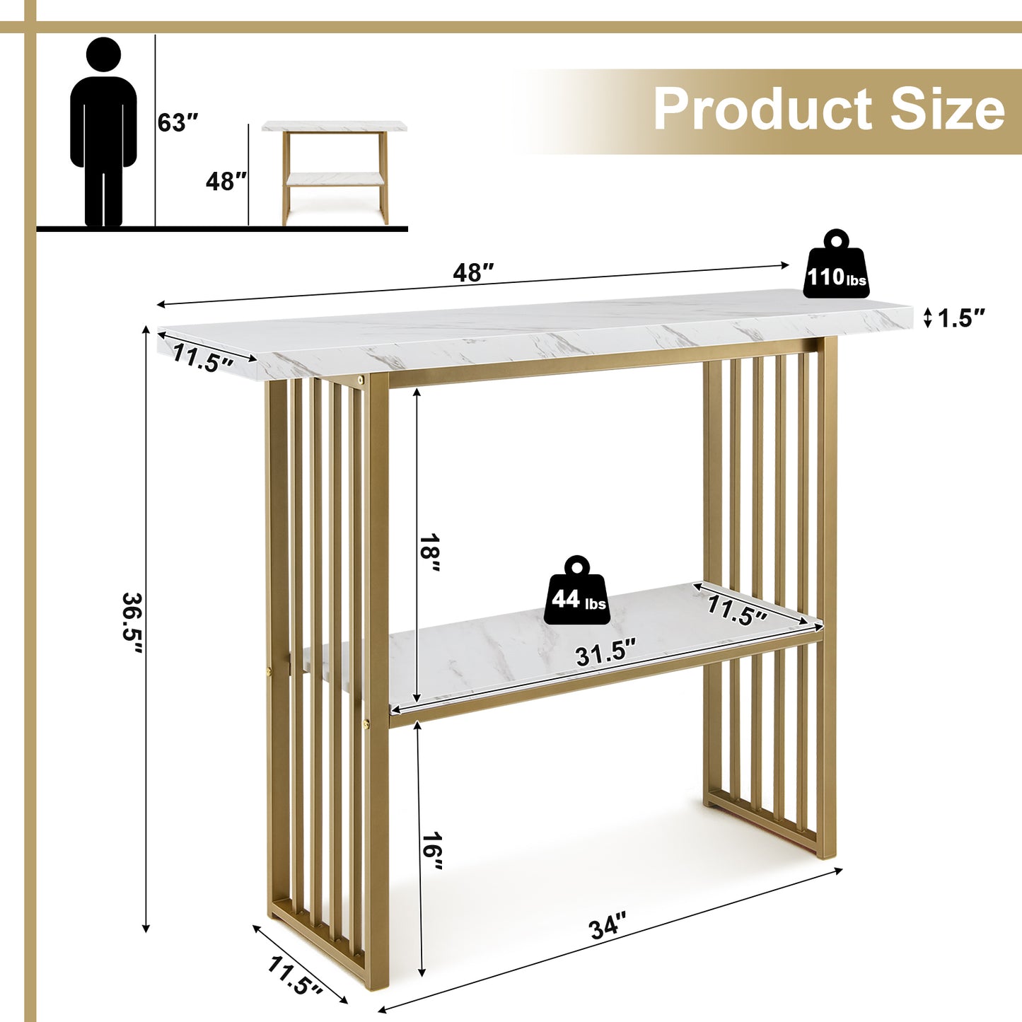 2-Tier 48 Inch Console Table with Gold Frame and Faux Marble Shelves