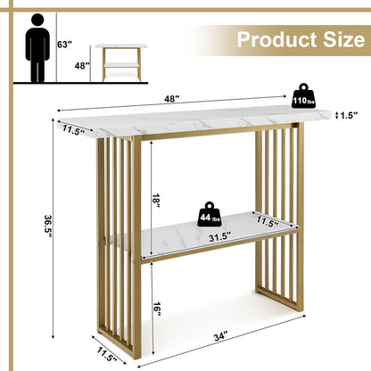 2-Tier 48 Inch Console Table with Gold Frame and Faux Marble Shelves