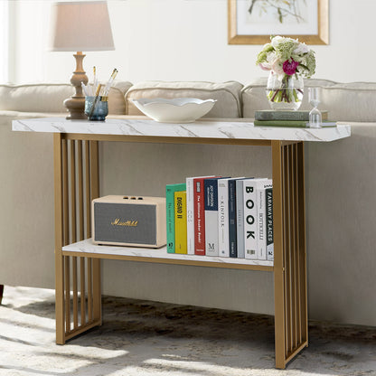 2-Tier 48 Inch Console Table with Gold Frame and Faux Marble Shelves