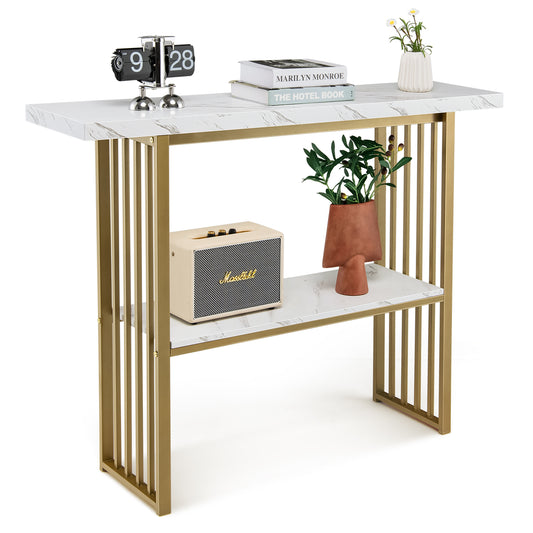 2-Tier 48 Inch Console Table with Gold Frame and Faux Marble Shelves