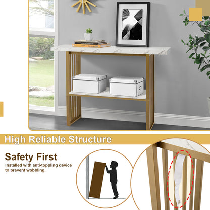2-Tier 48 Inch Console Table with Gold Frame and Faux Marble Shelves