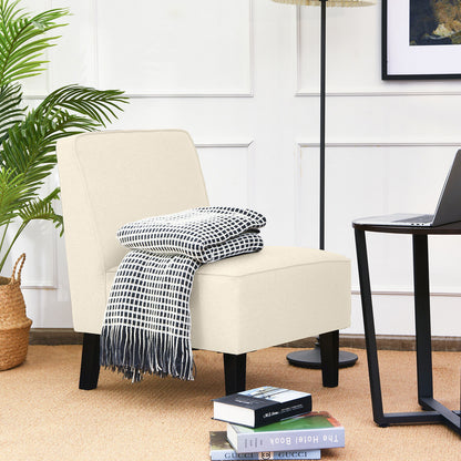 Contemporary Armless Accent Chair with Linen Fabric and Wood Base Beige