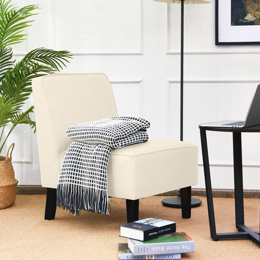 Contemporary Armless Accent Chair with Linen Fabric and Wood Base Beige