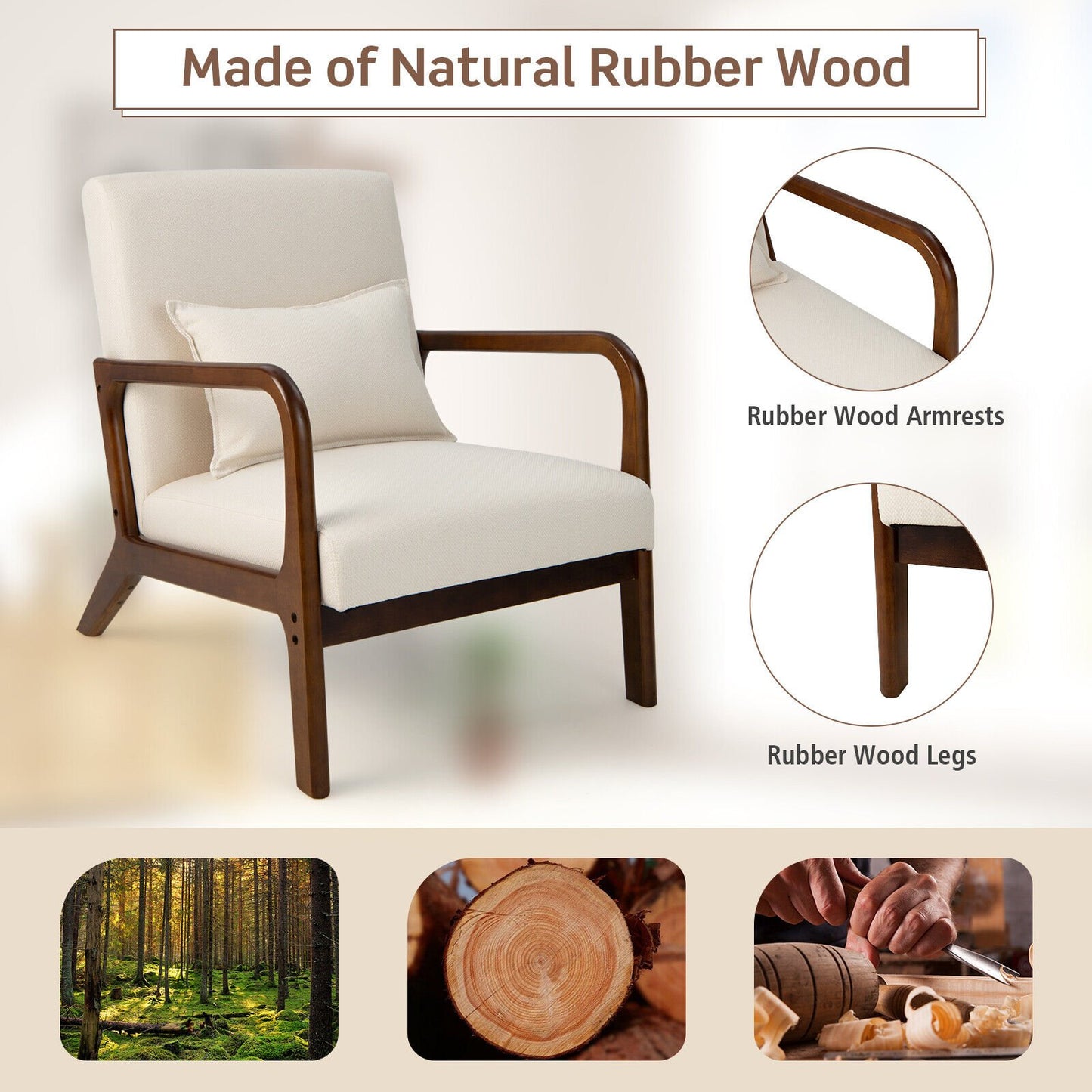 Comfort Accent Chair with Rubber Wood Base and Lumbar Cushion - Beige