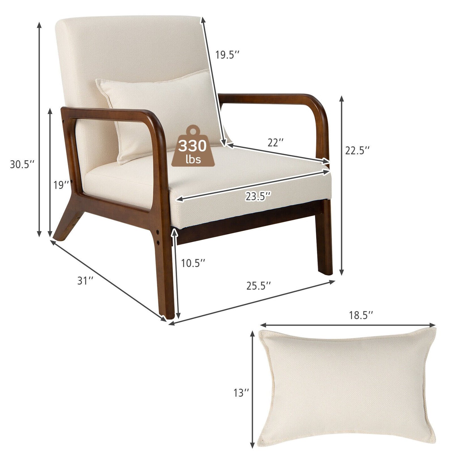Comfort Accent Chair with Rubber Wood Base and Lumbar Cushion - Beige