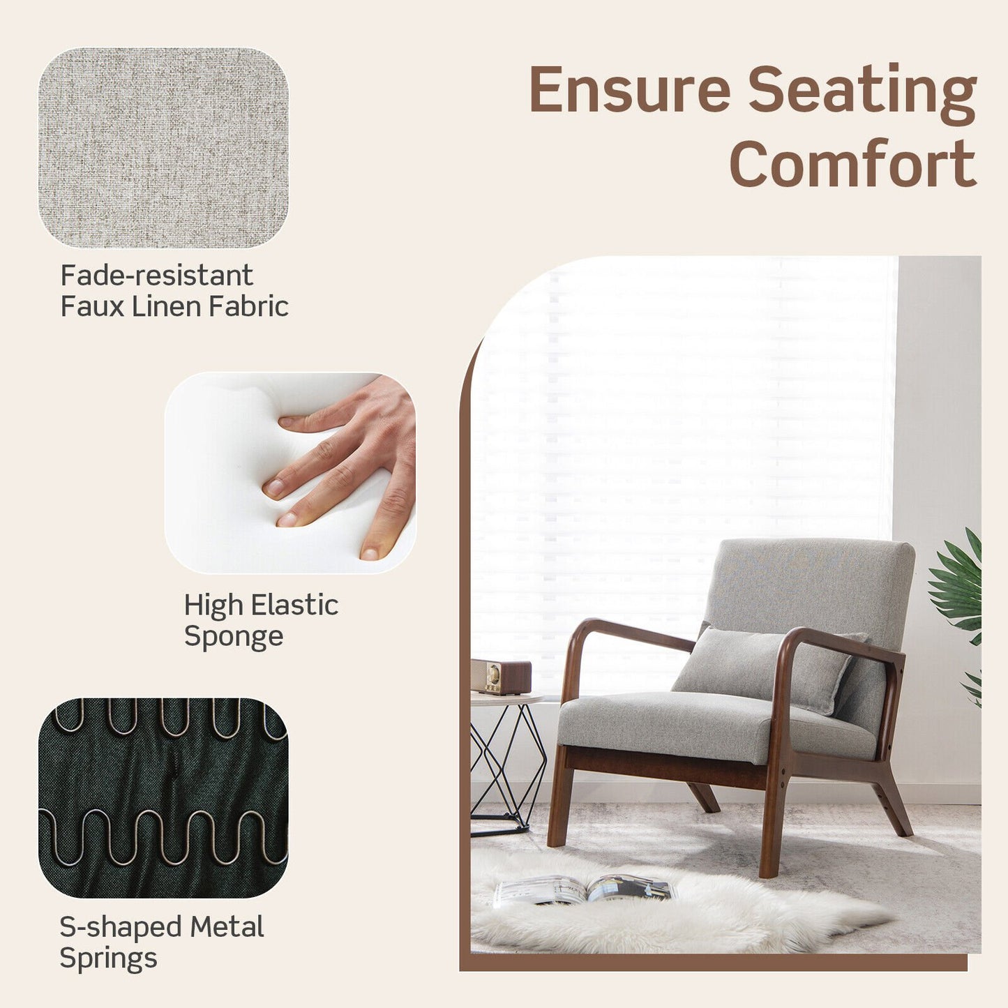 Comfort Accent Chair with Rubber Wood Base and Lumbar Cushion - Grey