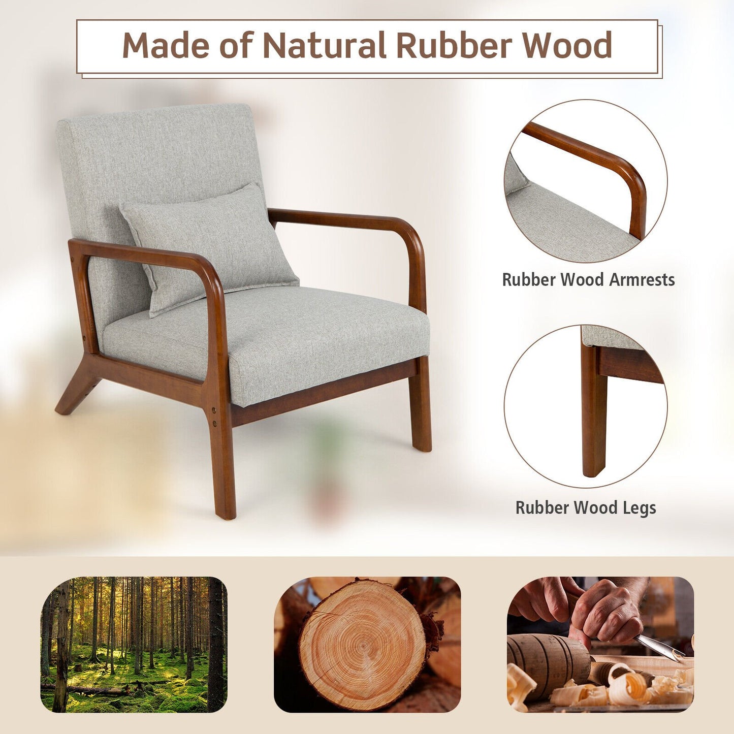 Comfort Accent Chair with Rubber Wood Base and Lumbar Cushion - Grey