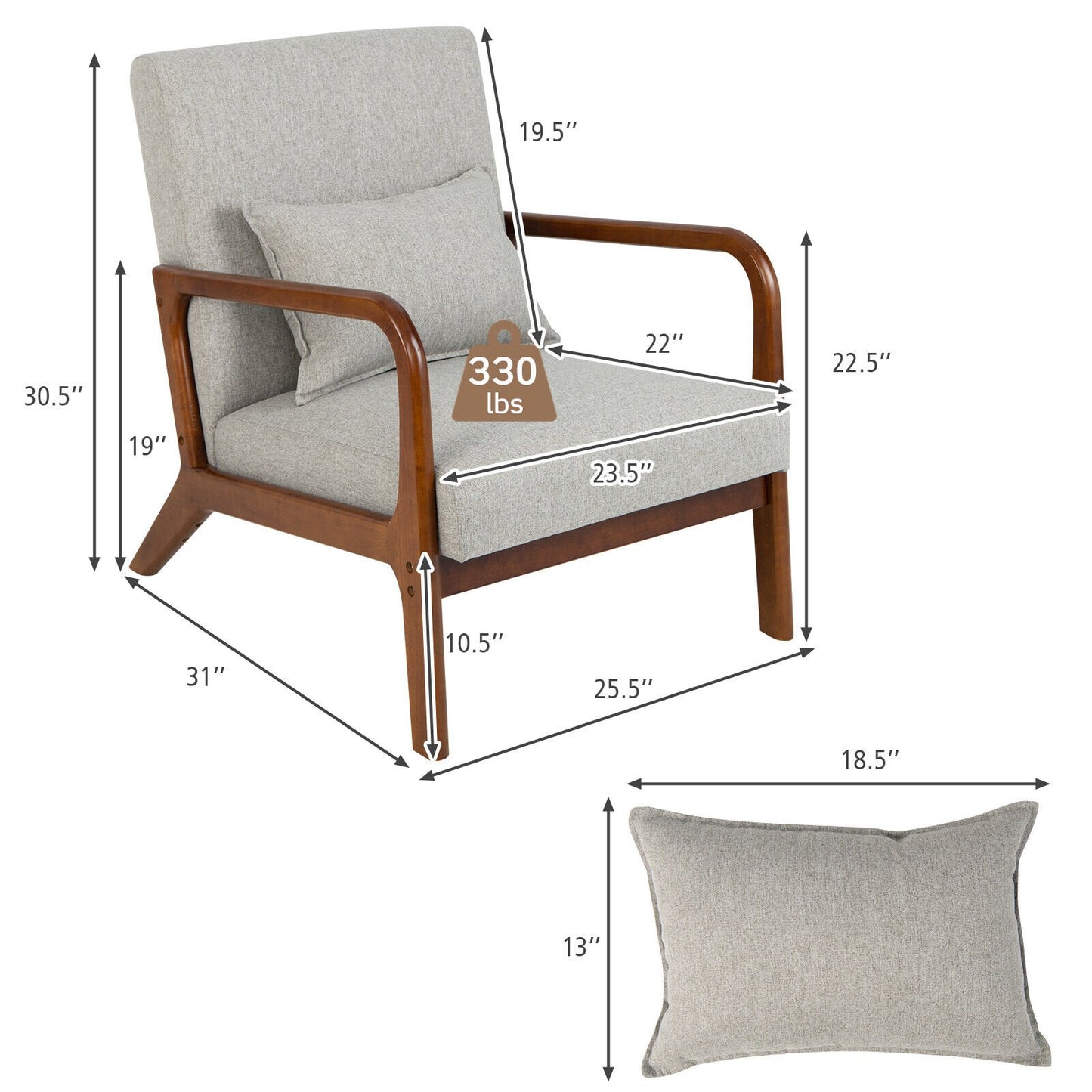 Comfort Accent Chair with Rubber Wood Base and Lumbar Cushion - Grey