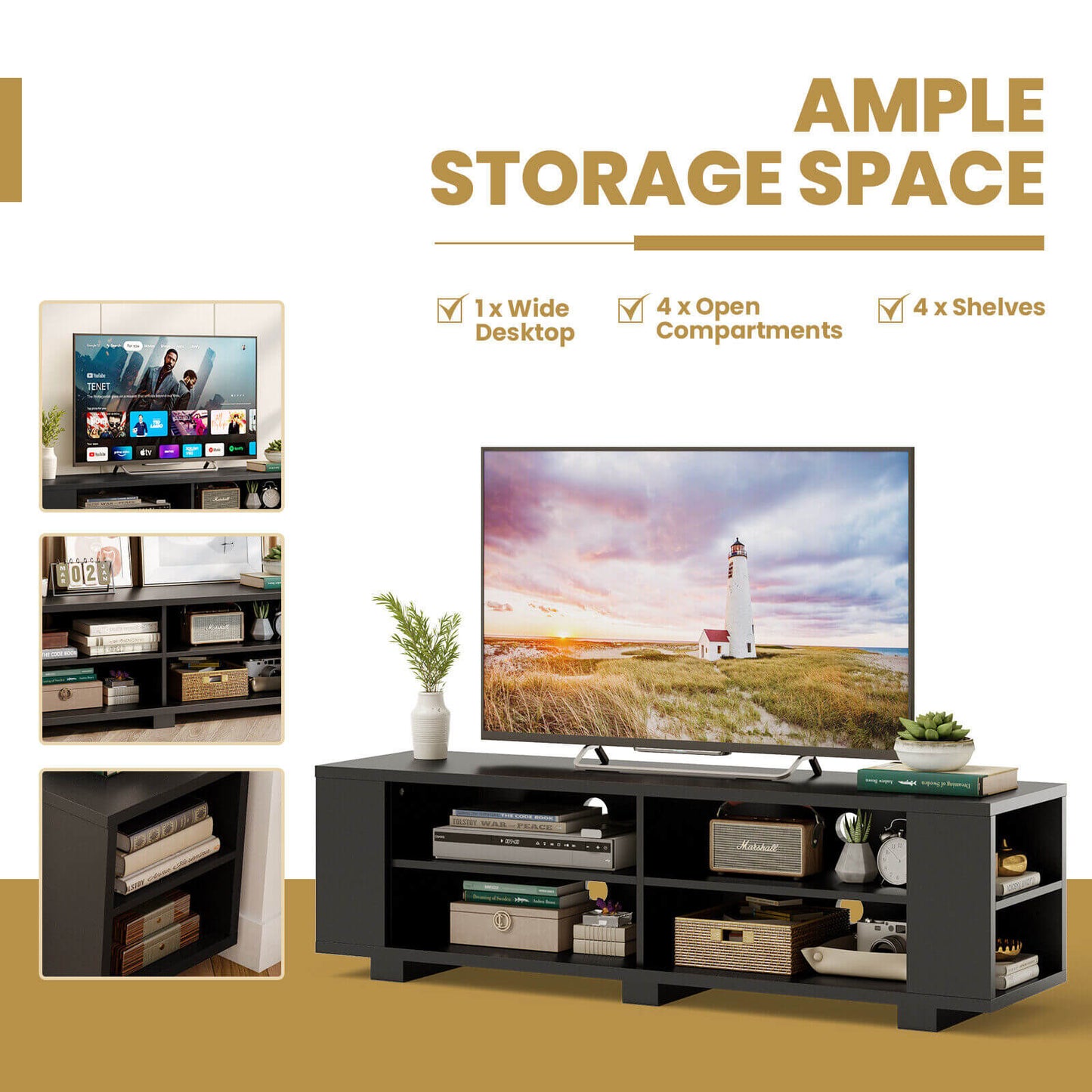 Modern 59 Inch Media Console with Adjustable Open Shelves for TVs up to 65 Inches in Black