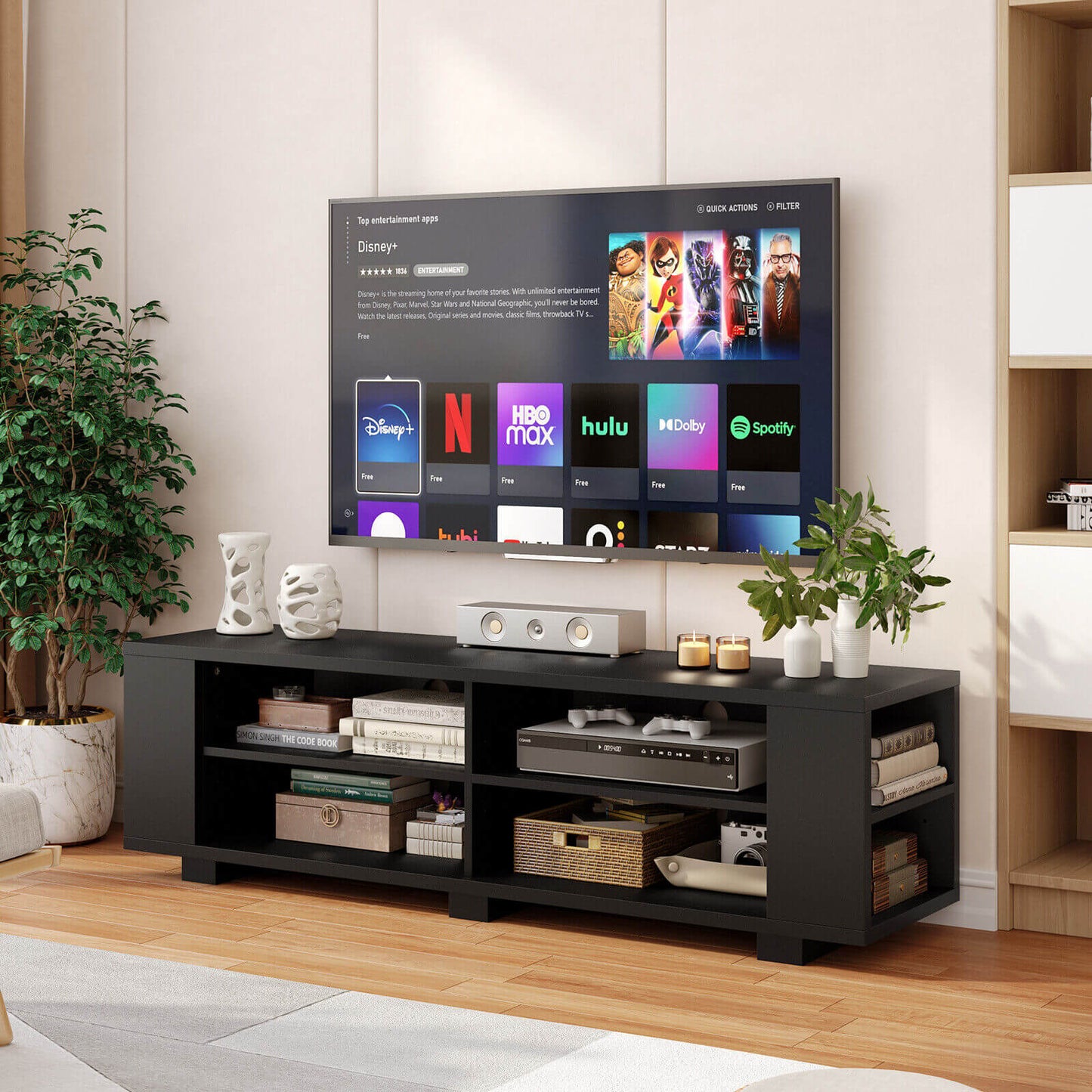 Modern 59 Inch Media Console with Adjustable Open Shelves for TVs up to 65 Inches in Black