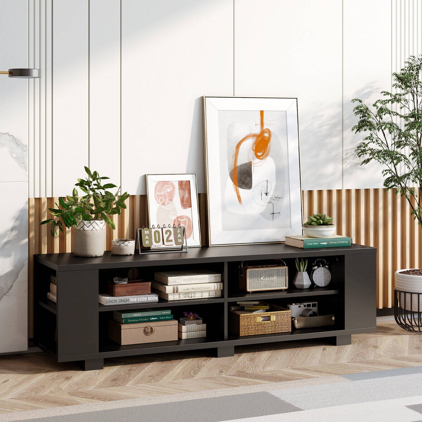 Modern 59 Inch Media Console with Adjustable Open Shelves for TVs up to 65 Inches in Black