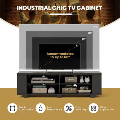 Modern 59 Inch Media Console with Adjustable Open Shelves for TVs up to 65 Inches in Black
