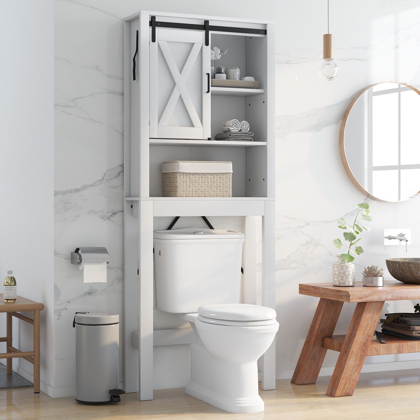 Wooden Over-the-Toilet Storage Cabinet with Sliding Barn Door & Adjustable Shelves
