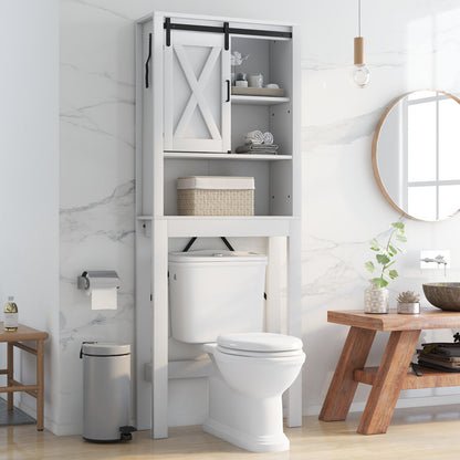 Wooden Over-the-Toilet Storage Cabinet with Sliding Barn Door & Adjustable Shelves