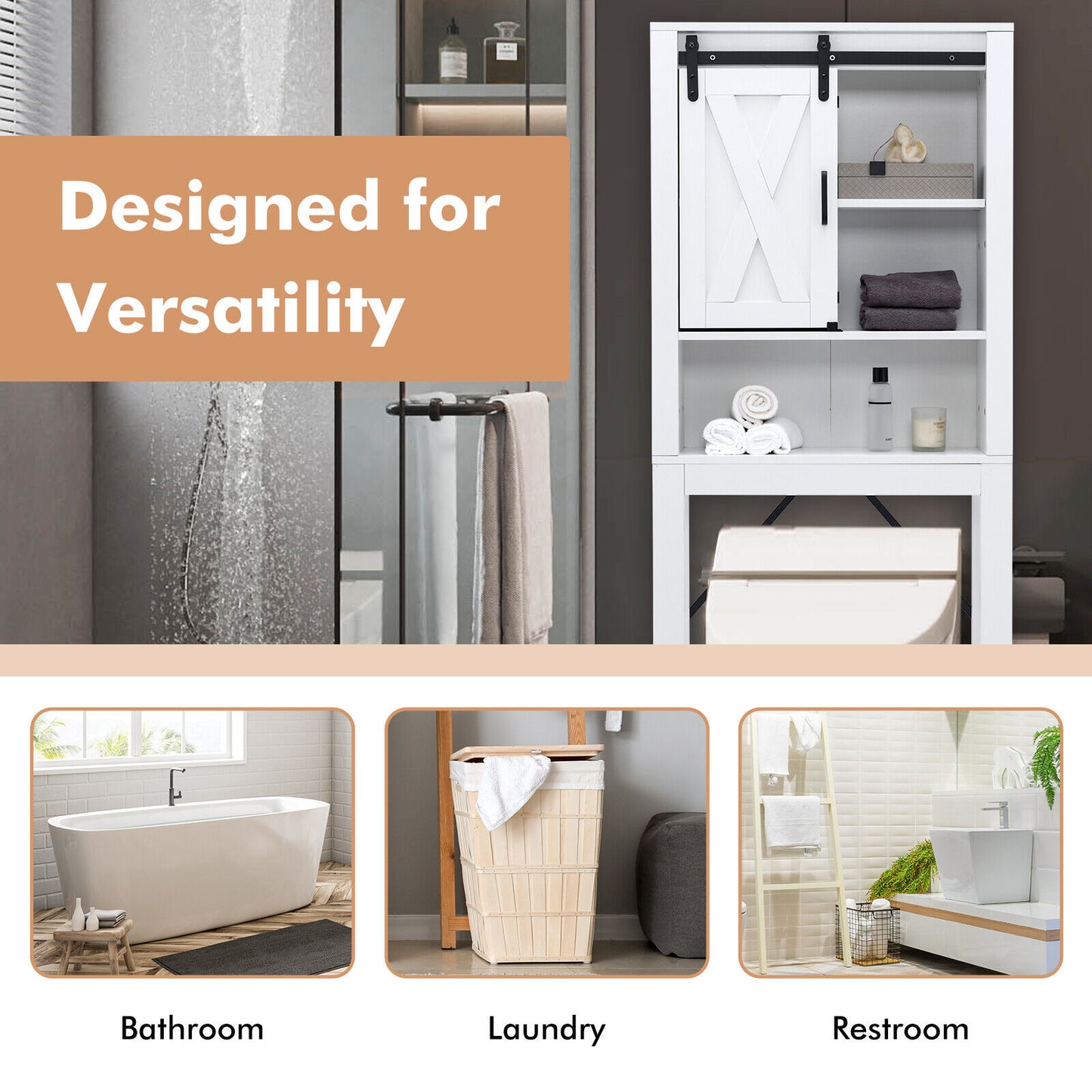 Wooden Over-the-Toilet Storage Cabinet with Sliding Barn Door & Adjustable Shelves