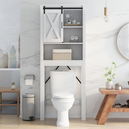Wooden Over-the-Toilet Storage Cabinet with Sliding Barn Door & Adjustable Shelves