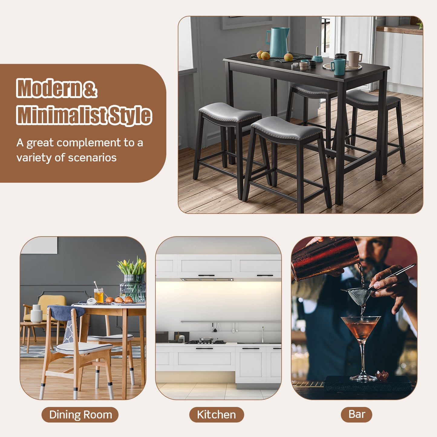 Modern 5 Piece Counter Height Dining Table Set with 4 Padded Saddle Stools for Kitchen or Small Space