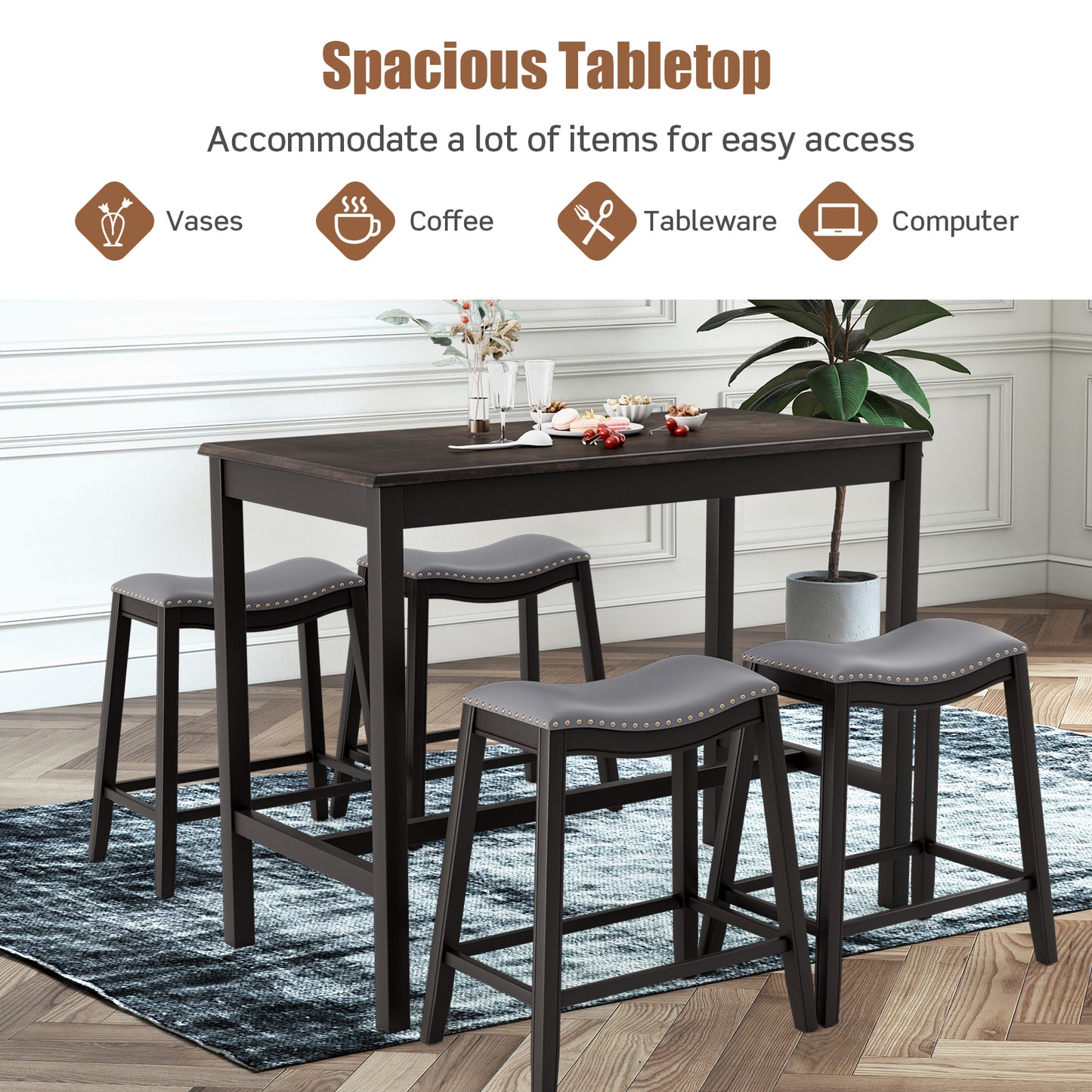 Modern 5 Piece Counter Height Dining Table Set with 4 Padded Saddle Stools for Kitchen or Small Space
