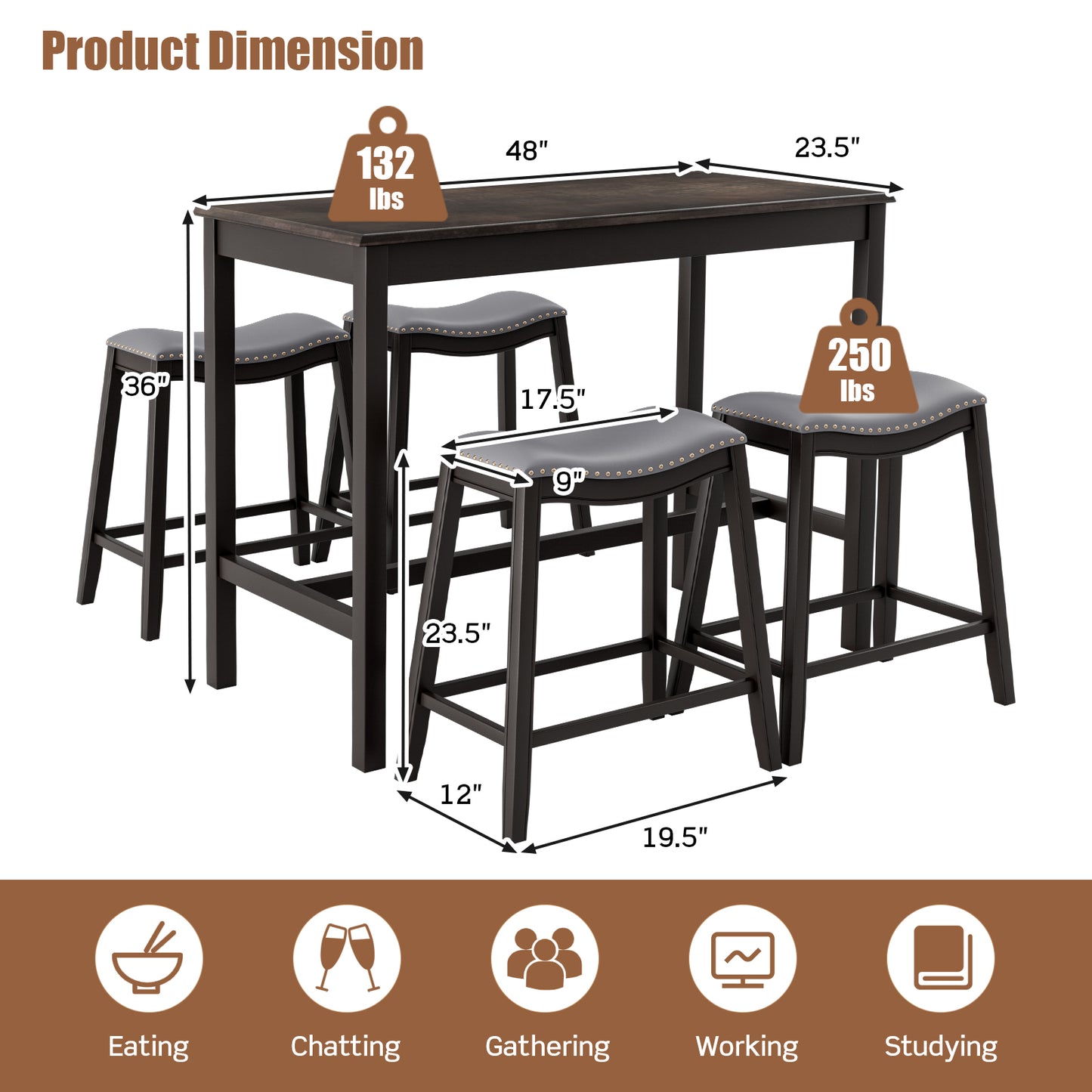 Modern 5 Piece Counter Height Dining Table Set with 4 Padded Saddle Stools for Kitchen or Small Space