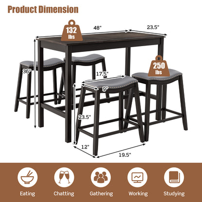 Modern 5 Piece Counter Height Dining Table Set with 4 Padded Saddle Stools for Kitchen or Small Space