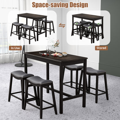 Modern 5 Piece Counter Height Dining Table Set with 4 Padded Saddle Stools for Kitchen or Small Space