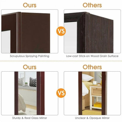 Wall & Door Mounted Full Length Mirror Jewelry Armoire with Ring Slots, Necklace Hooks and Storage Shelves – Dark Brown