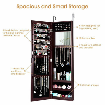 Wall & Door Mounted Full Length Mirror Jewelry Armoire with Ring Slots, Necklace Hooks and Storage Shelves – Dark Brown