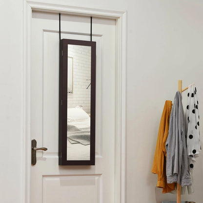 Wall & Door Mounted Full Length Mirror Jewelry Armoire with Ring Slots, Necklace Hooks and Storage Shelves – Dark Brown