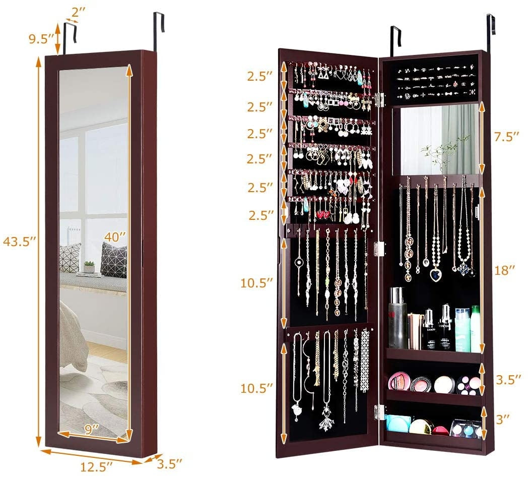 Wall & Door Mounted Full Length Mirror Jewelry Armoire with Ring Slots, Necklace Hooks and Storage Shelves – Dark Brown