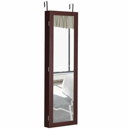 Wall & Door Mounted Full Length Mirror Jewelry Armoire with Ring Slots, Necklace Hooks and Storage Shelves – Dark Brown