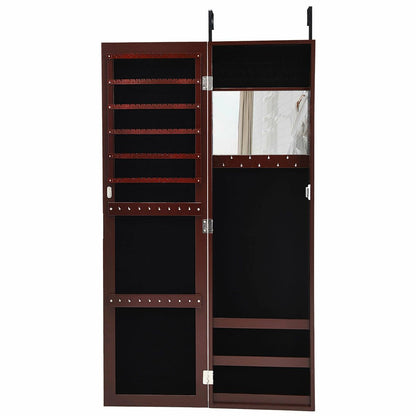 Wall & Door Mounted Full Length Mirror Jewelry Armoire with Ring Slots, Necklace Hooks and Storage Shelves – Dark Brown