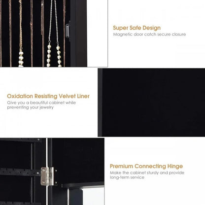 Wall & Door Mounted Full Length Mirror Jewelry Armoire with Ring Slots, Necklace Hooks and Storage Shelves – Dark Brown
