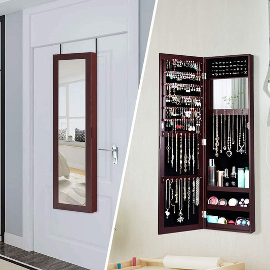 Wall & Door Mounted Full Length Mirror Jewelry Armoire with Ring Slots, Necklace Hooks and Storage Shelves – Dark Brown