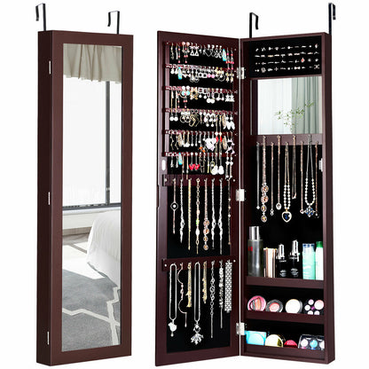 Wall & Door Mounted Full Length Mirror Jewelry Armoire with Ring Slots, Necklace Hooks and Storage Shelves – Dark Brown