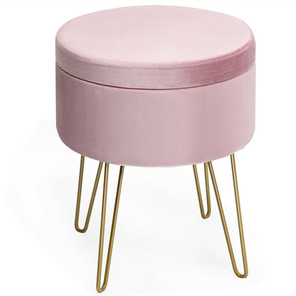 Elegant Round Storage Ottoman with Soft Velvet Upholstery and Gold Legs - Pink