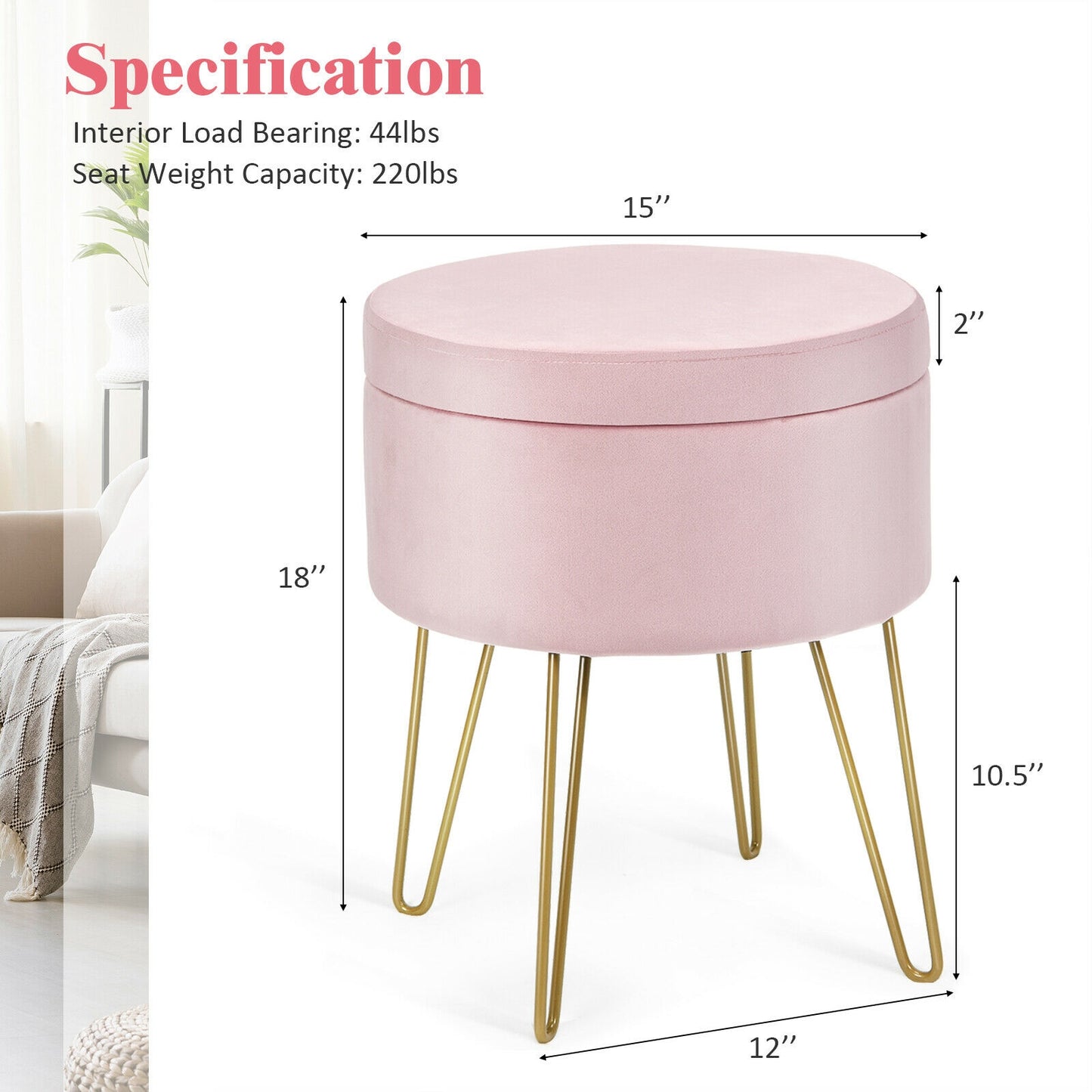 Elegant Round Storage Ottoman with Soft Velvet Upholstery and Gold Legs - Pink