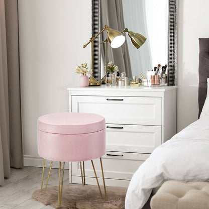 Elegant Round Storage Ottoman with Soft Velvet Upholstery and Gold Legs - Pink