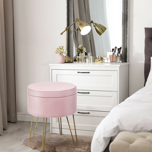 Elegant Round Storage Ottoman with Soft Velvet Upholstery and Gold Legs - Pink