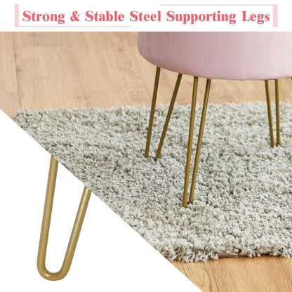 Elegant Round Storage Ottoman with Soft Velvet Upholstery and Gold Legs - Pink