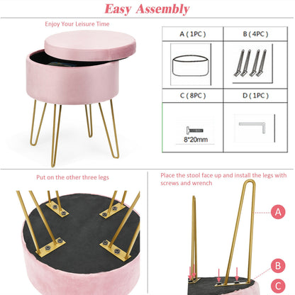 Elegant Round Storage Ottoman with Soft Velvet Upholstery and Gold Legs - Pink
