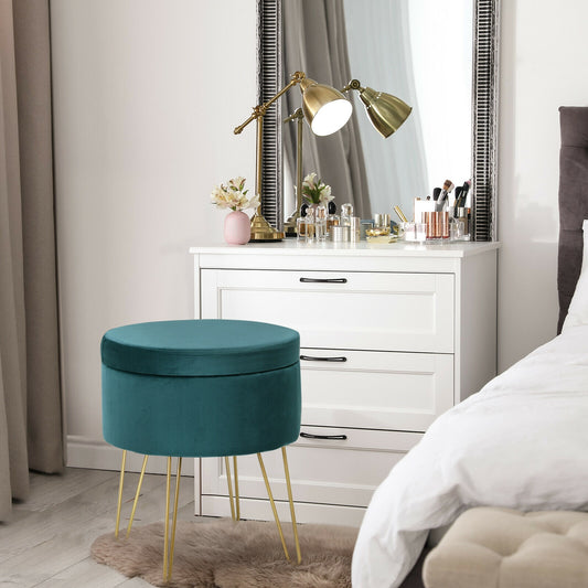 Elegant Round Storage Ottoman with Soft Velvet Upholstery and Gold Legs - Dark Green