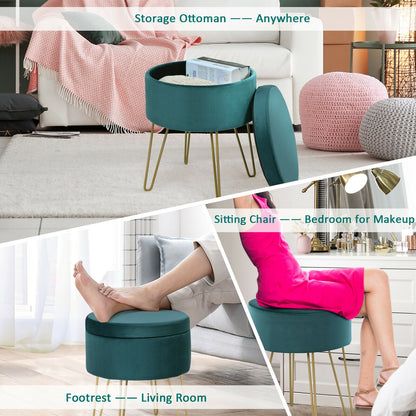 Elegant Round Storage Ottoman with Soft Velvet Upholstery and Gold Legs - Dark Green