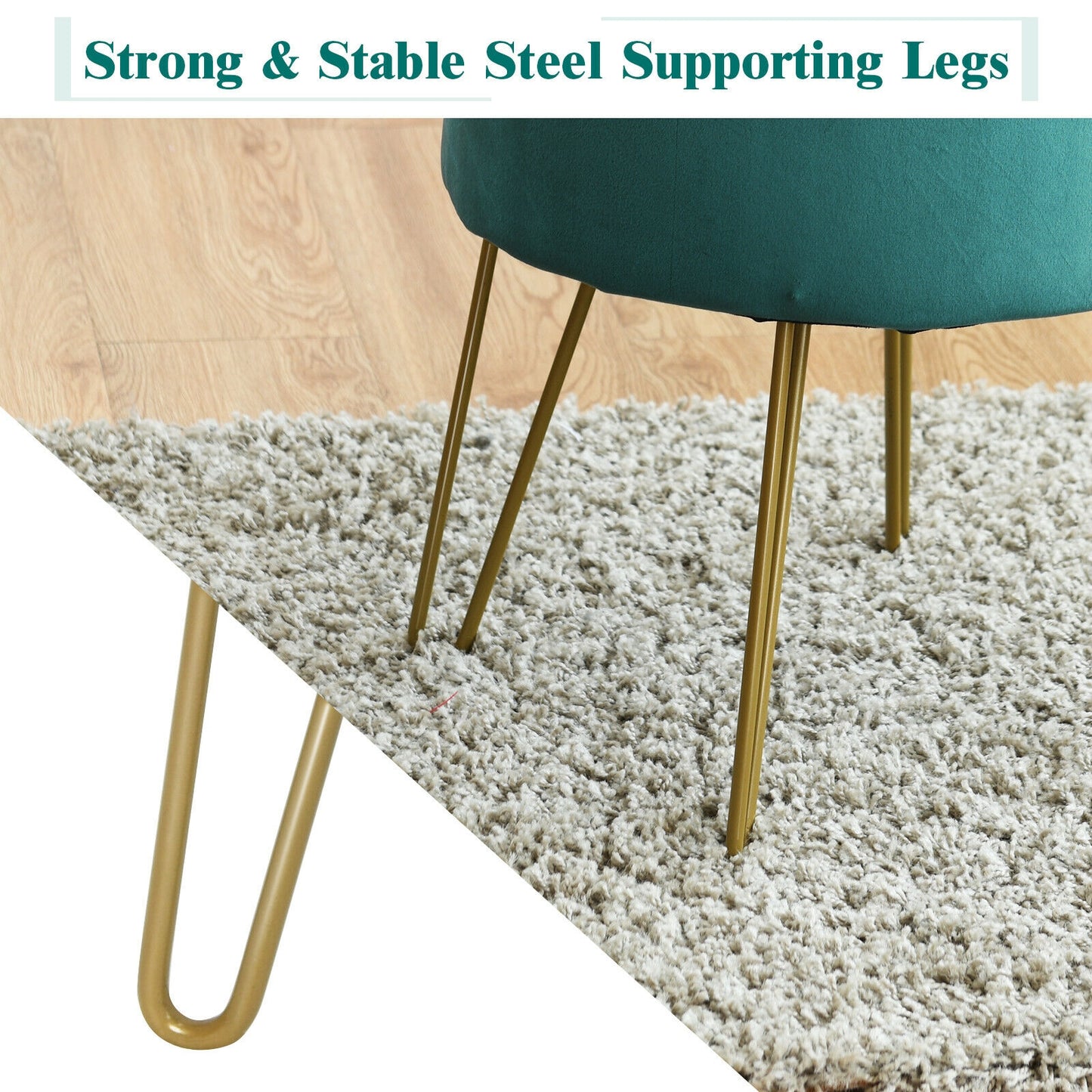 Elegant Round Storage Ottoman with Soft Velvet Upholstery and Gold Legs - Dark Green