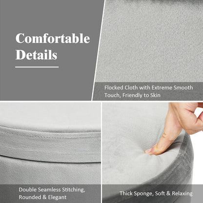 Elegant Round Storage Ottoman with Soft Velvet Upholstery and Gold Legs - Grey
