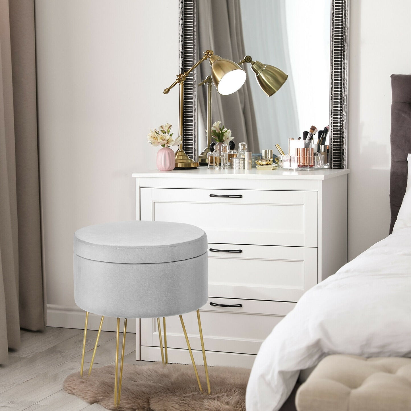 Elegant Round Storage Ottoman with Soft Velvet Upholstery and Gold Legs - Grey