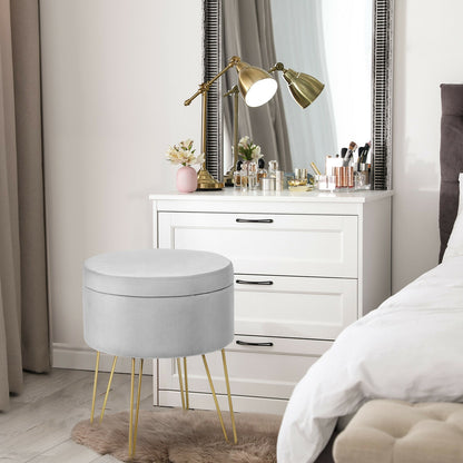 Elegant Round Storage Ottoman with Soft Velvet Upholstery and Gold Legs - Grey