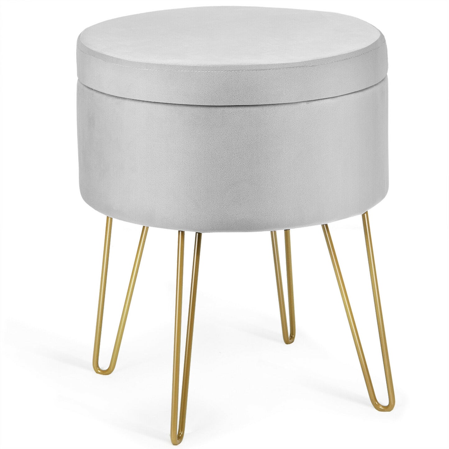 Elegant Round Storage Ottoman with Soft Velvet Upholstery and Gold Legs - Grey