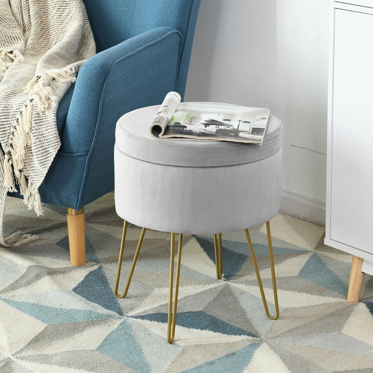 Elegant Round Storage Ottoman with Soft Velvet Upholstery and Gold Legs - Grey